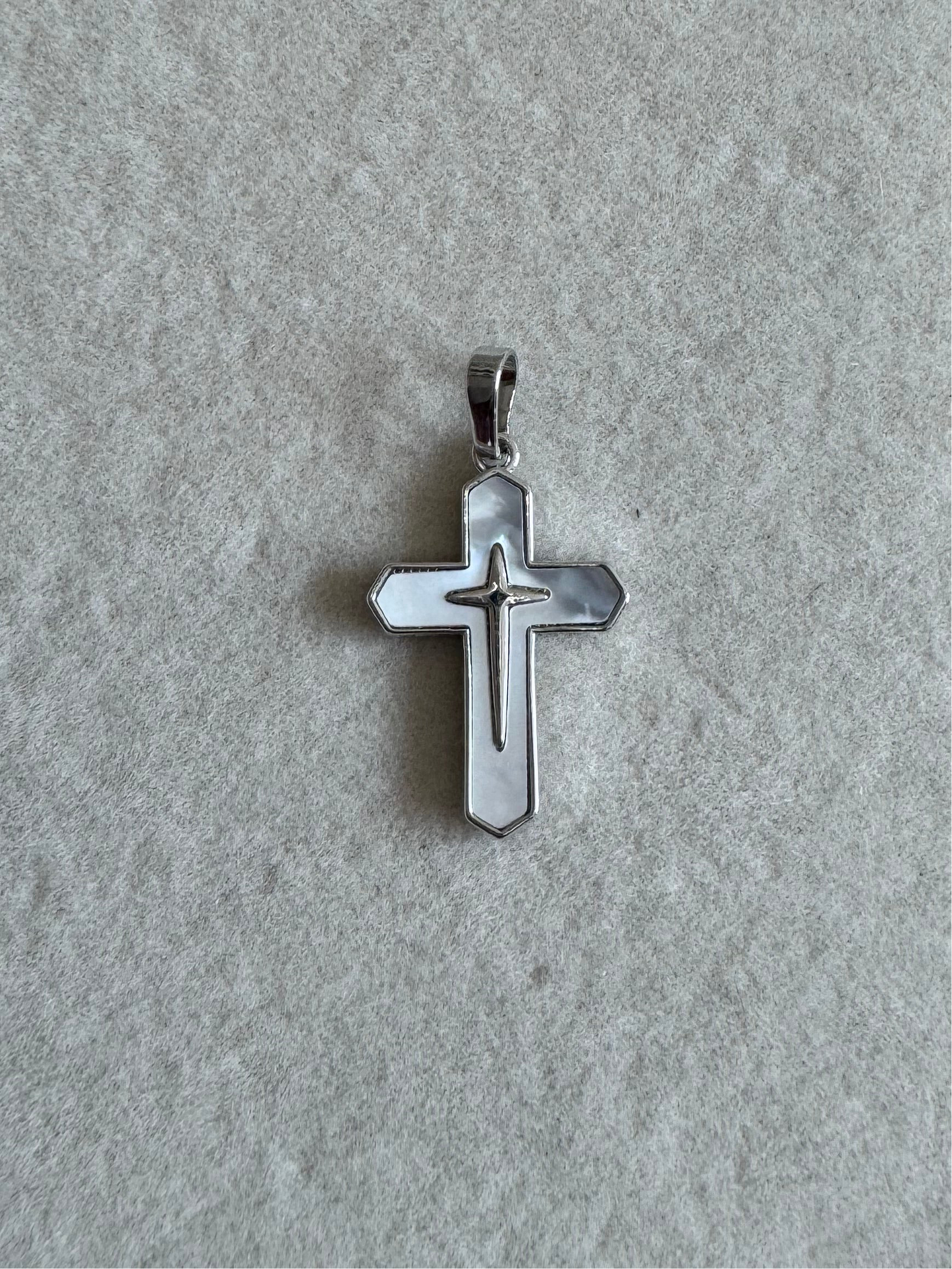 White mother of pearl silver cross charm