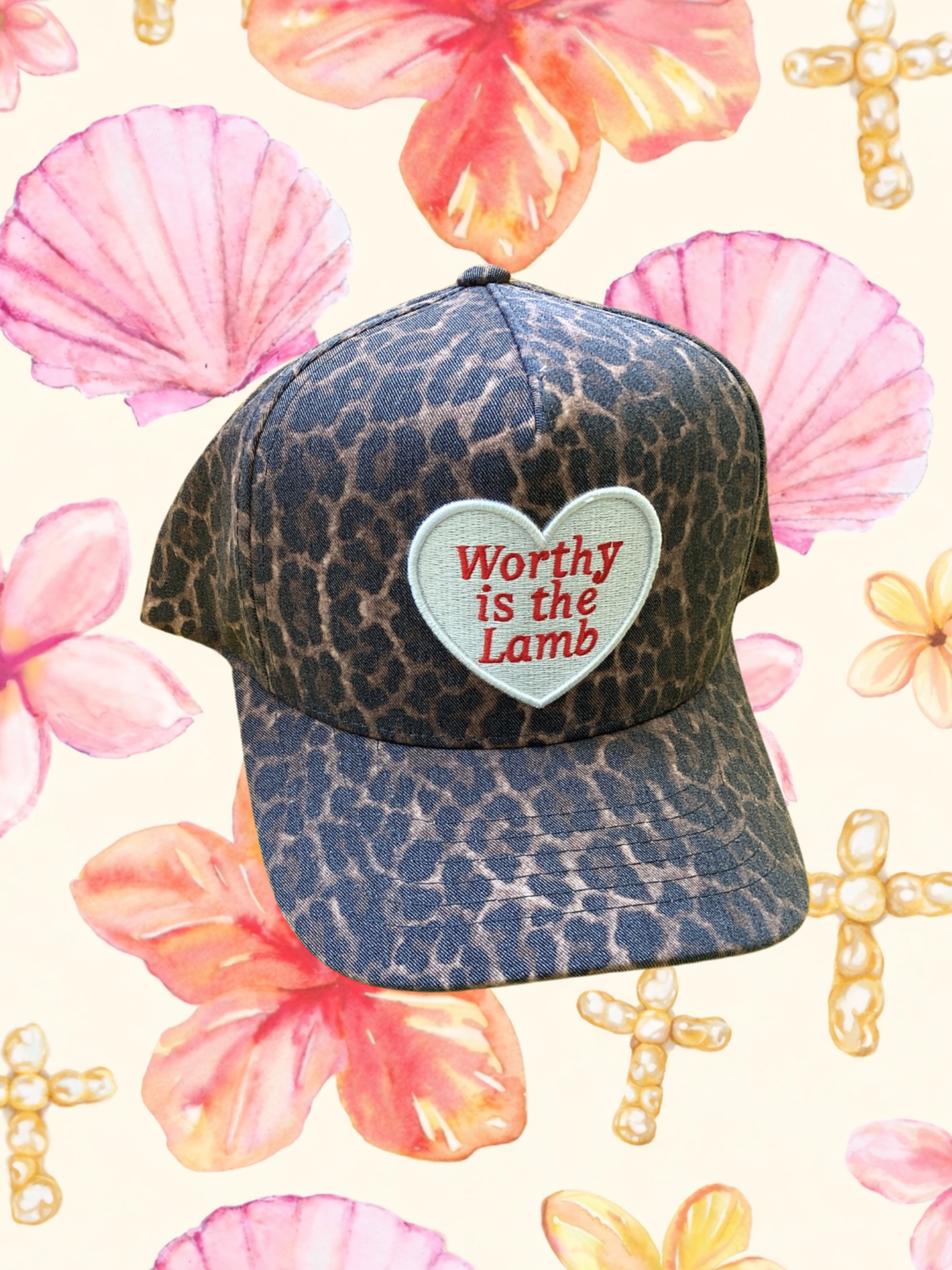 Worthy is the lamb leopard trucker hat