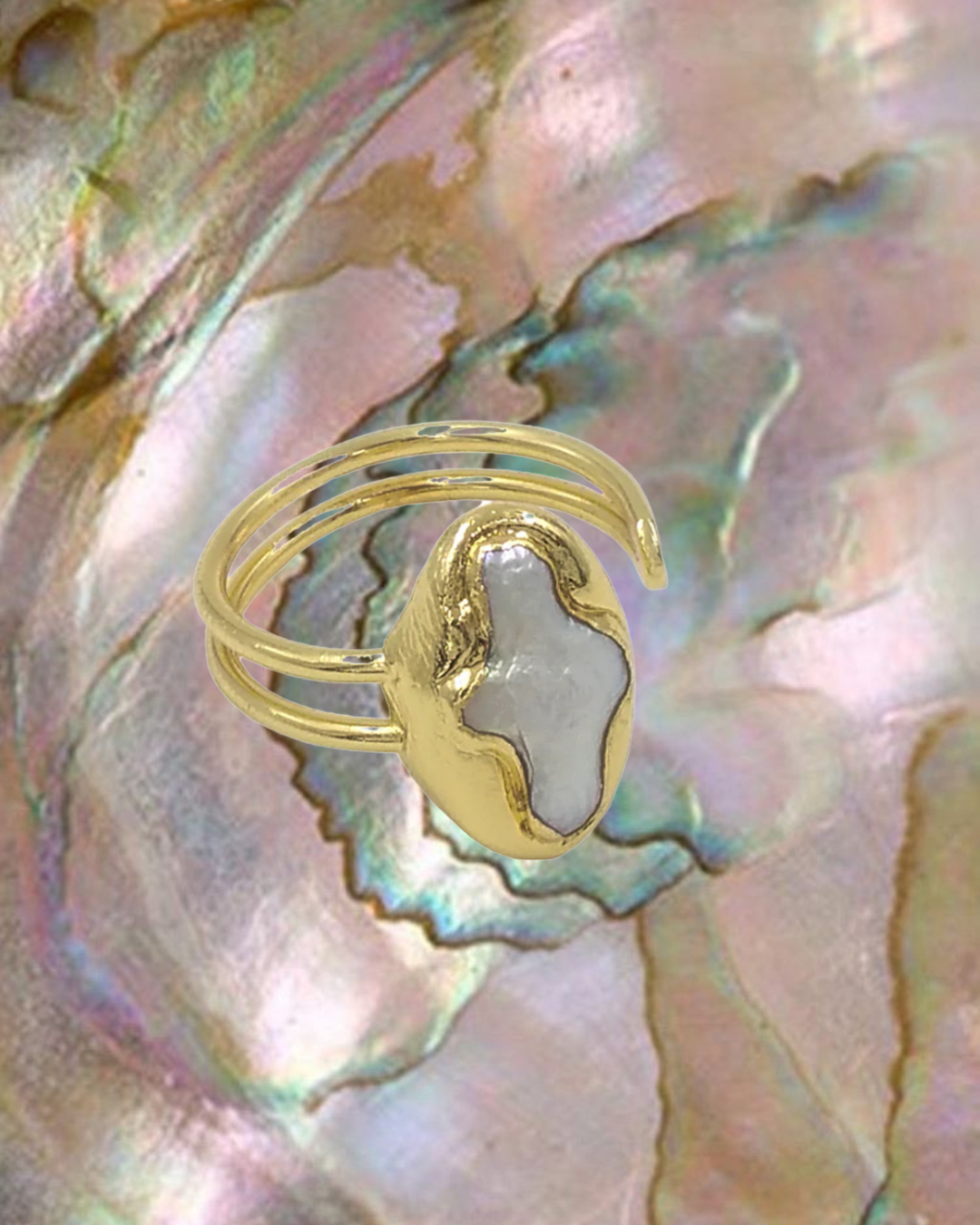 Curved fresh water pearl gold plated cross ring