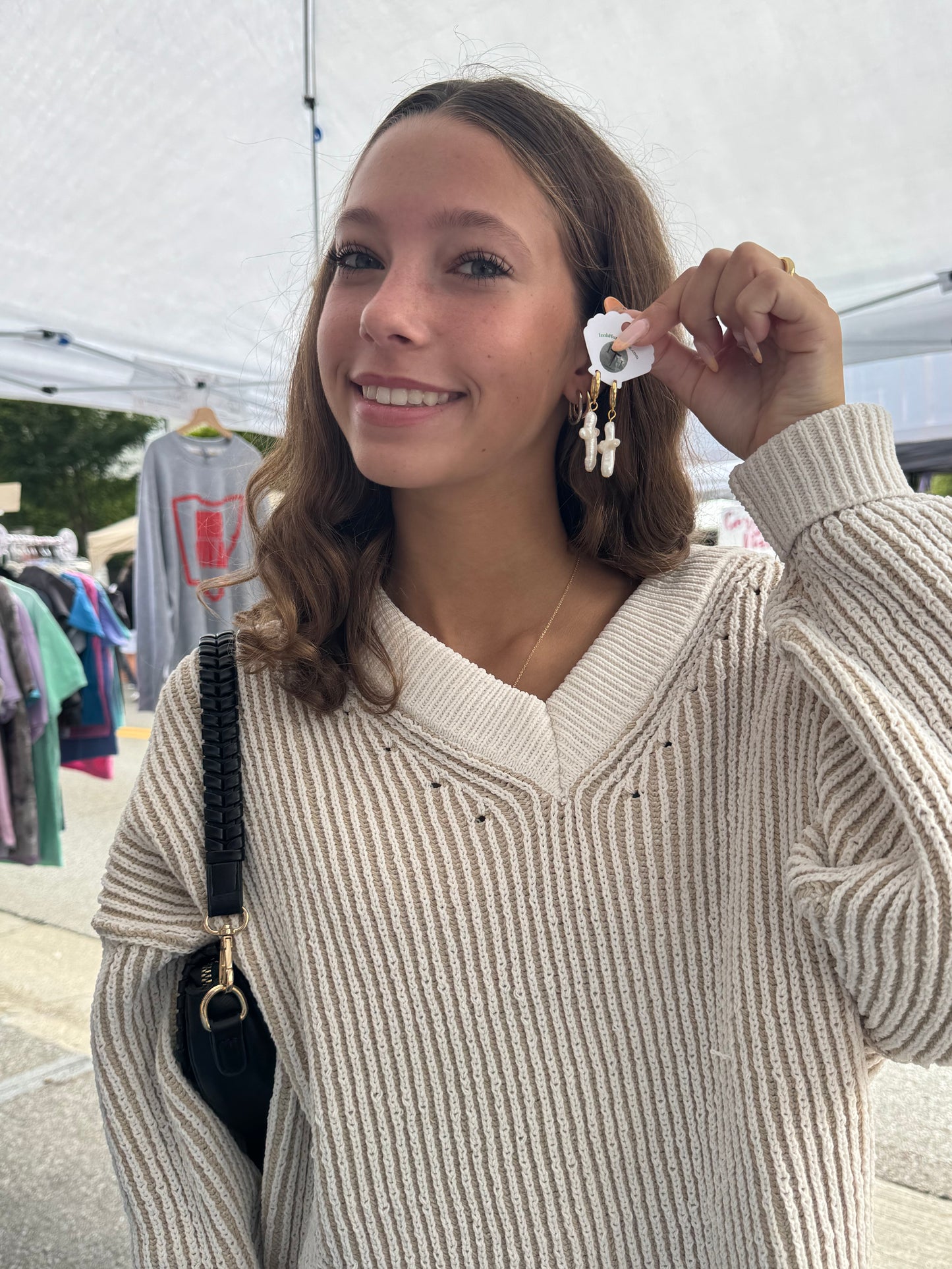 Gold fresh water pearl huggie cross earrings