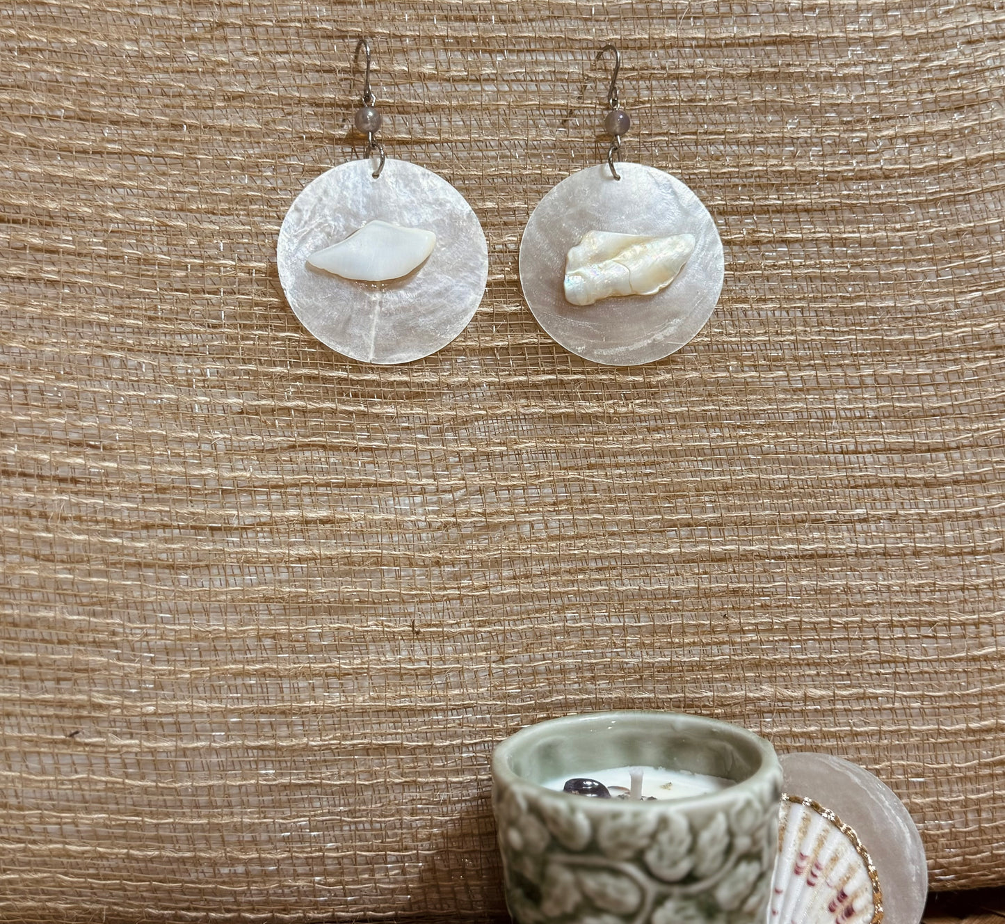 Grey agate large White Sea shell earrings
