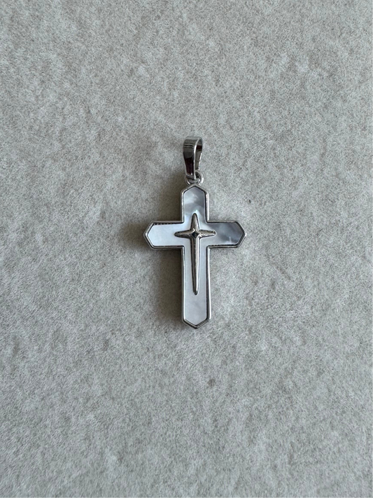 White mother of pearl silver cross charm