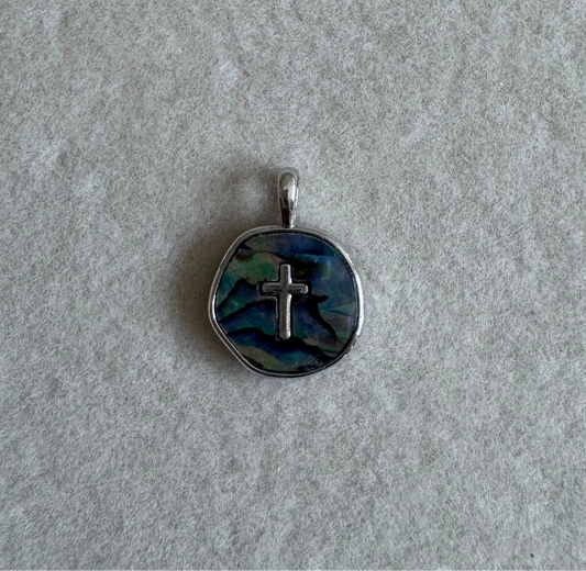 Abalone round cross pendant charm