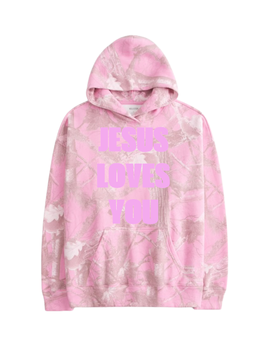 Pink Camo Jesus Loves You Hoodie