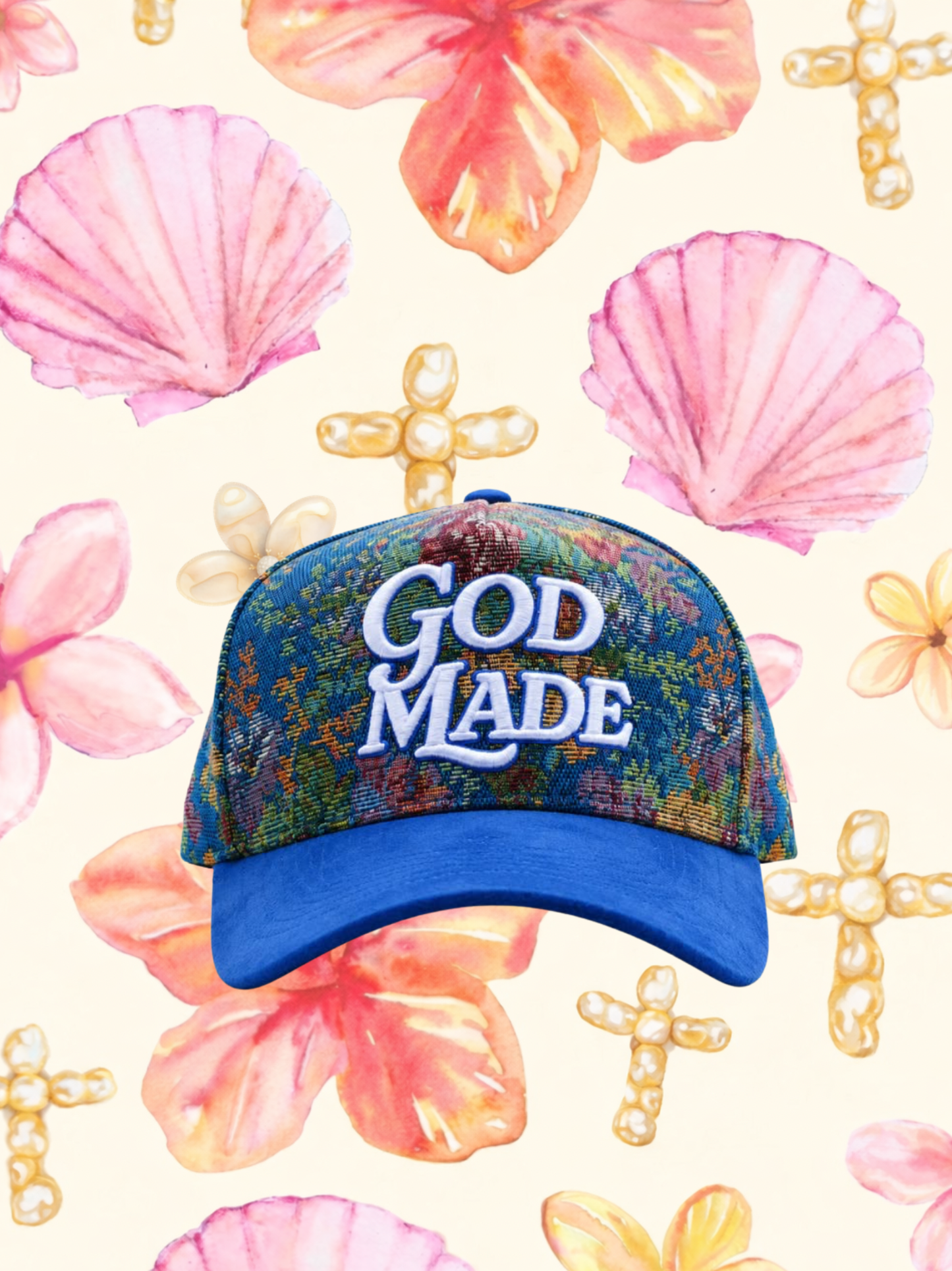 Blue God Made Vintage Floral Trucker Hat