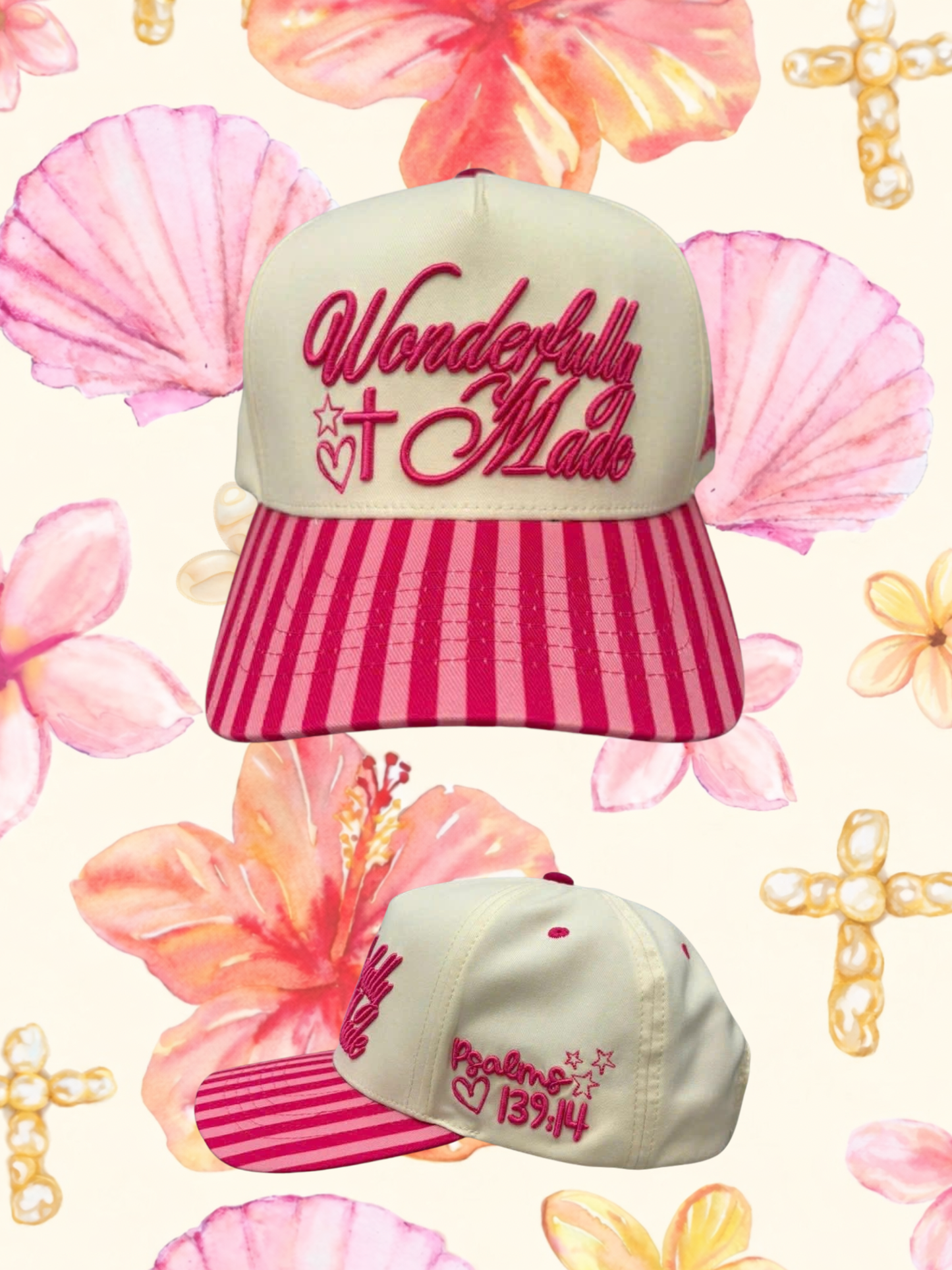 Psalm 139:14 Fearfully and wonderfully made pink trucker hat