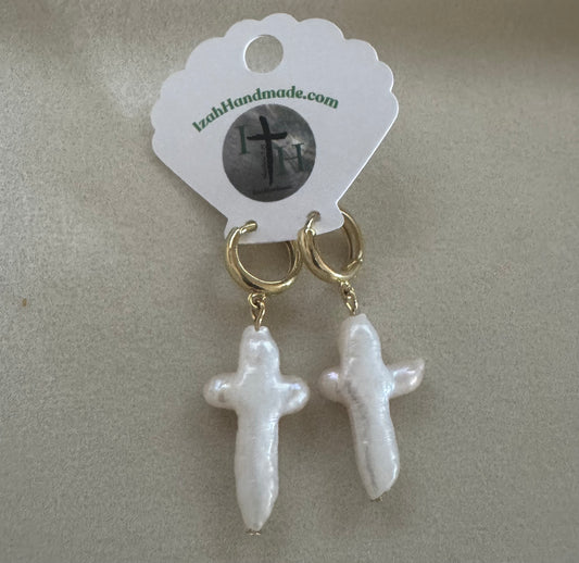 Gold fresh water pearl huggie cross earrings