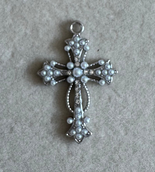 Silver pearl cross charm