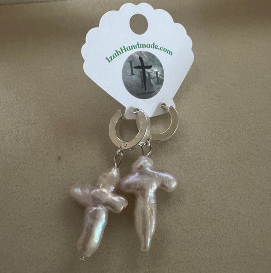 Silver fresh water pearl huggie cross earrings