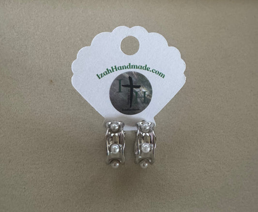 Silver pearl mini hoops