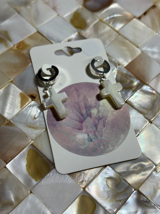 Silver Abalone Cross Huggies