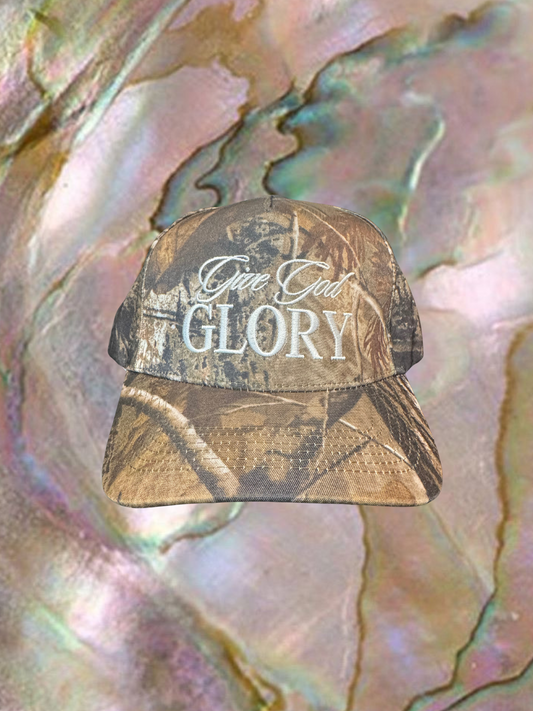 Give God Glory real tree camo trucker hat
