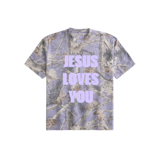 JESUS LOVES YOU PURPLE CAMO BOXY T SHIRT