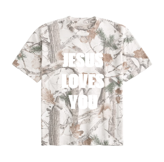 JESUS LOVES YOU LIGHT CAMO BOXY T SHIRT