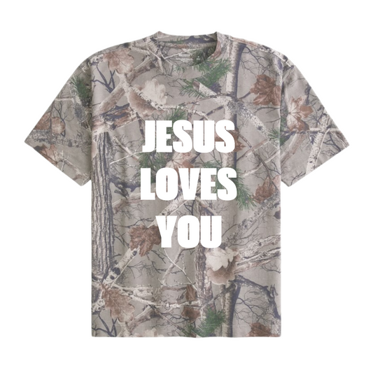 JESUS LOVES YOU DARK GREY CAMO BOXY T SHIRT
