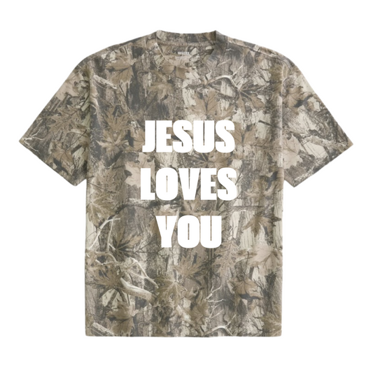 JESUS LOVES YOU DARK CAMO BOXY T SHIRT