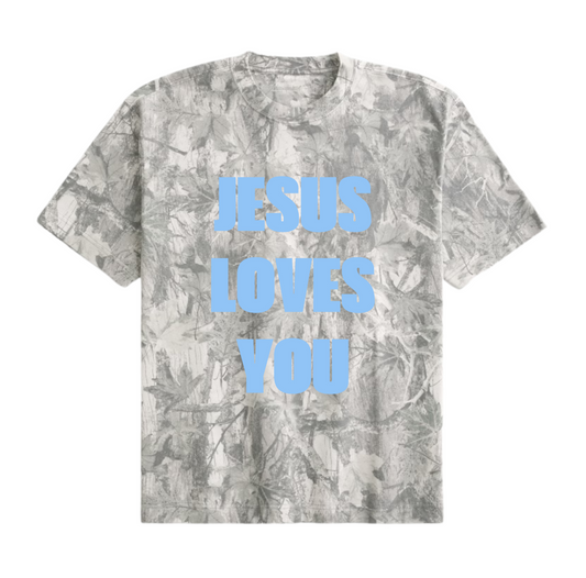 JESUS LOVES YOU GREEN CAMO BOXY T SHIRT