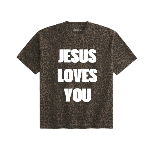 JESUS LOVES YOU BROWN LEOPARD BOXY T SHIRT