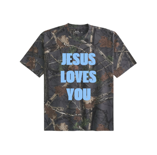 JESUS LOVES YOU DARK BROWN CAMO BOXY T SHIRT
