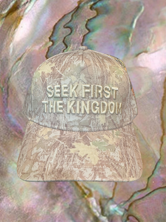 Seek first the kingdom white camo trucker hat