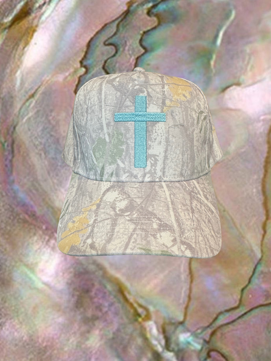 White camo sage green cross trucker hat