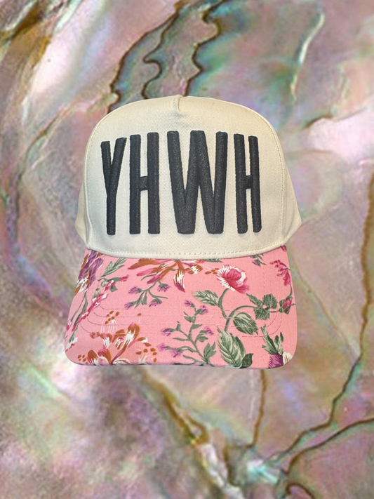Pink floral YHWH trucker hat