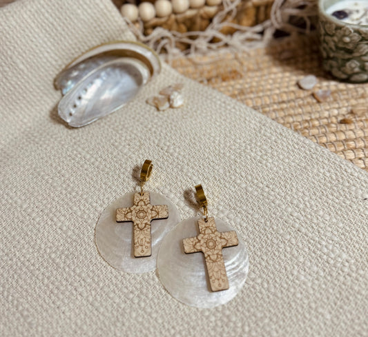 Mandala wood & white shell cross earrings