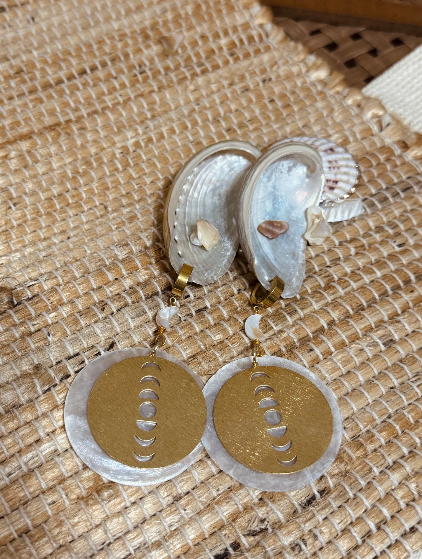 White abalone, moon phases sea shell dangle earrings